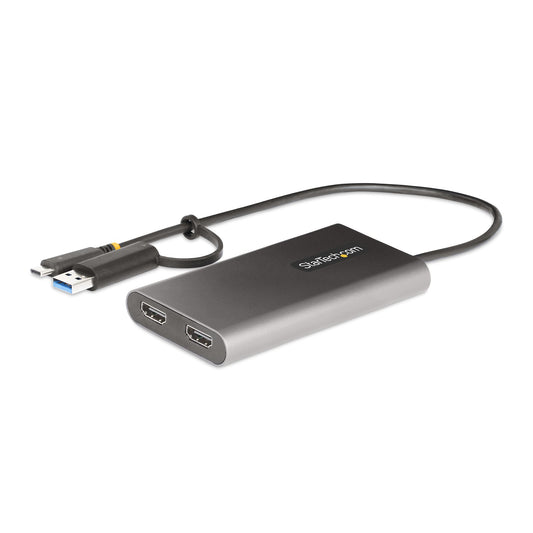 Star Tech USB-C to Dual-HDMI Adapter - USB-C or A to 2x HDMI - 4K 60Hz - 100W Power Delivery Pass-Through - 1ft (30cm) Built-in Cable - USB to HDMI Multi-Monitor Converter for Laptop - TAA