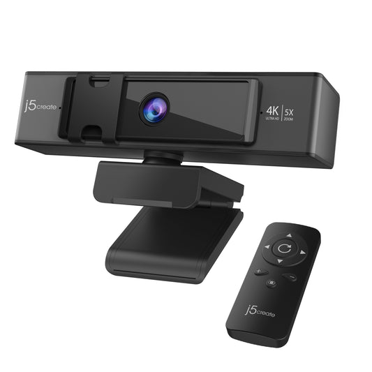 j5create JVCU435 USBTM 4K Ultra HD Webcam with 5x Digital Zoom Remote Control, 3840 x 2160 Video Capture Resolution, Black and Silver
