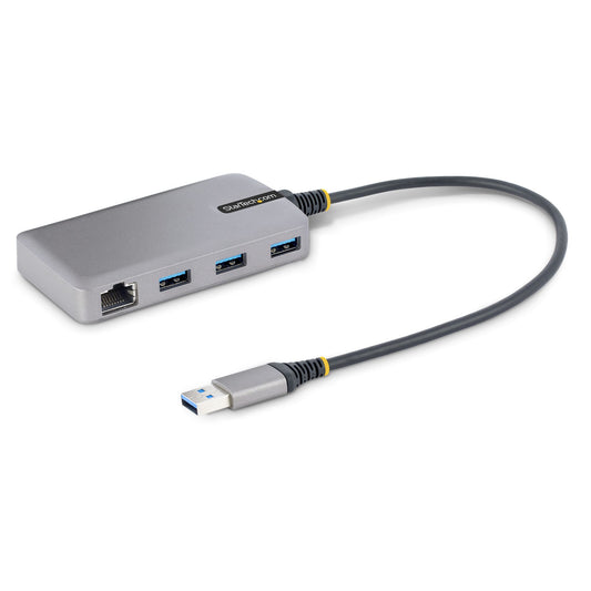 Star Tech 3-Port USB Hub with Ethernet - 3x USB-A Ports - Gigabit Ethernet (RJ-45) - USB 3.0 5Gbps - Bus-Powered - 1ft/30cm Long Cable - Portable Laptop USB Hub Adapter w/ GbE