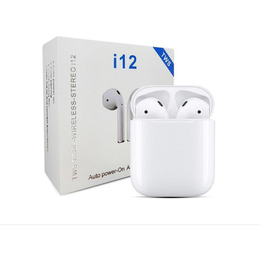 TWS i12 Wireless Bluetooth 5.0 Earbuds – Stereo Sound, Auto Pairing, Charging Case – White | Brand New