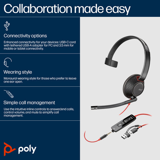 HP Poly Blackwire 5210 Monaural USB-C Headset +3.5mm Plug +USB-C/A Adapter (Bulk) product image