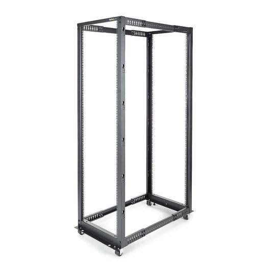 StarTech 4-Post 42U Mobile Open Frame Server Rack, Four Post 19" Network Rack with Wheels, Rolling Rack with Adjustable Depth for Computer/AV/Data/IT Equipment - Casters, Leveling Feet or Floor Mounting