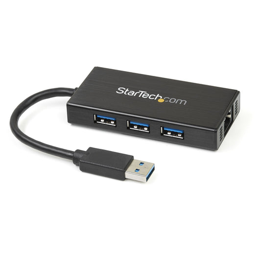 Star Tech 3-Port Portable USB 3.0 Hub plus Gigabit Ethernet - Aluminum with Built-in Cable~3-Port Portable USB 3.0 Hub plus Gigabit Ethernet - 5Gbps - Aluminum with Built-in Cable