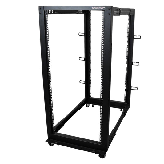 Star Tech 4-Post 25U Mobile Open Frame Server Rack, Four Post 19in Network Rack with Wheels, Rolling Rack with Adjustable Depth for Computer/AV/Data/IT Equipment - Casters, Leveling Feet or Floor Mounting