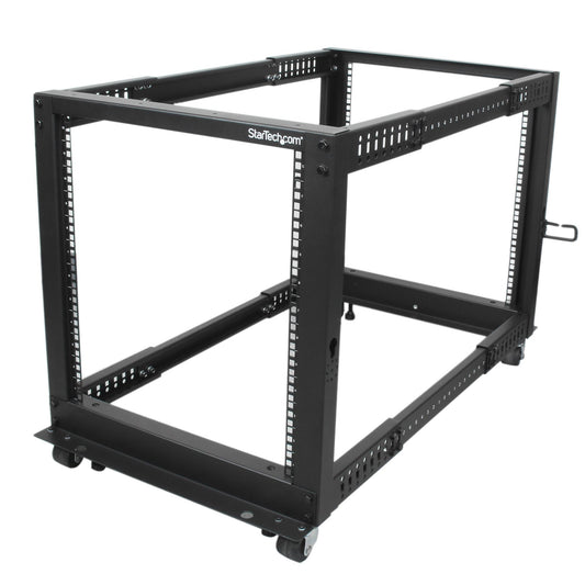 Star Tech 4-Post 12U Mobile Open Frame Server Rack, Four Post 19" Network Rack with Wheels, Rolling Rack with Adjustable Depth for Computer/AV/Data/IT Equipment - Casters, Leveling Feet or Floor Mounting