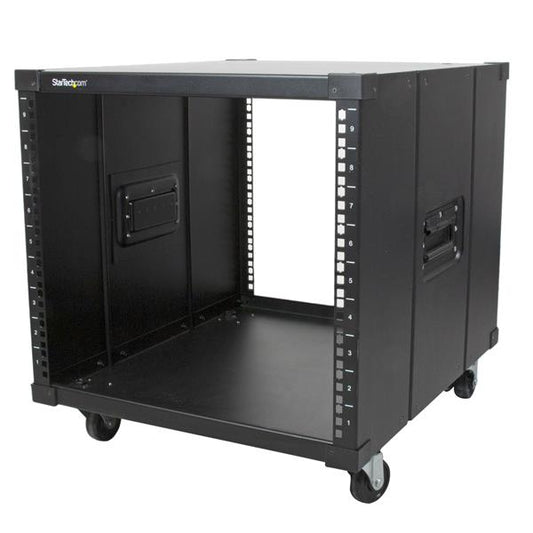 Star Tech 4-Post 9U Mobile Open Frame Server Rack, Four Post Network Rack with Wheels, 19" Rolling Rack for Home/Office Narrow Floor Spaces, Small Data Rack for Computer/AV/IT Equipment - TAA Compliant