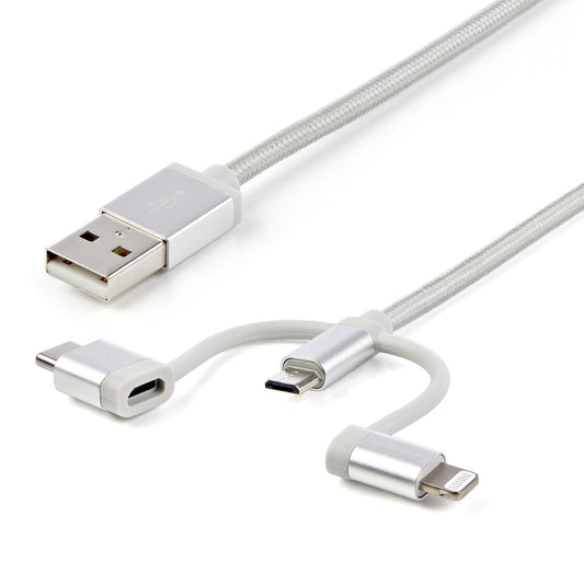 StarTech 1 m (3 ft.) USB Multi Charging Cable - USB to Micro-USB or USB-C or Lightning for iPhone / iPad / iPod / Android - Apple MFi Certified - 3 in 1 USB Charger - Braided