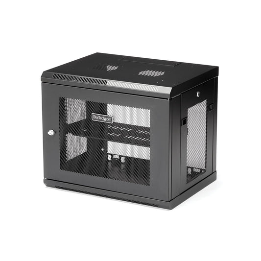 Star Tech 2-Post 9U Wall Mount Network Cabinet with 1U Shelf, 19" Wall-Mounted Server Rack for Data / Networking / AV / Electronics / Computer Equipment, Small Vented Rack Enclosure