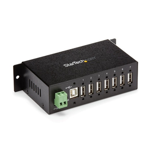 Star Tech 7-Port USB 2.0 Hub - Metal Industrial USB-A Hub with ESD Protection & 350W Surge Protection - Din Rail, Wall or Desk Mountable - TAA Compliant USB Expander Hub