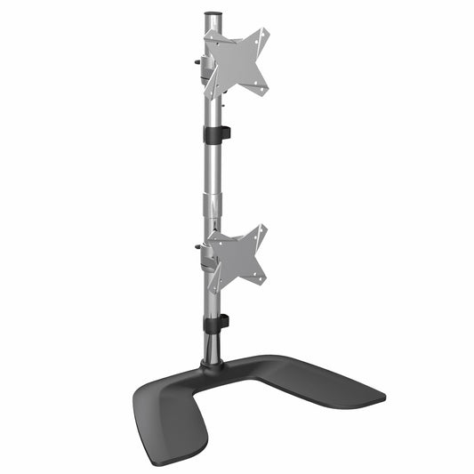StarTech Vertical Dual Monitor Stand - Ergonomic Desktop Stacked Two Monitor Stand up to 27 inch VESA Mount Displays - Free Standing Universal Monitor Mount - Height Adjustable - Silver