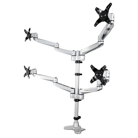 StarTech Desk Mount Quad Monitor Arm – Premium Articulating VESA 4 Monitor Mount 2x2 up to 30" – Ergonomic Height Adjustable Pole Mount - Tilt/Swivel/Rotate - C-Clamp/Grommet - Silver