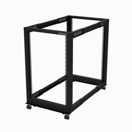 StarTech 4-Post 18U Mobile Open Frame Server Rack, Four Post 19" Network Rack with Wheels, Rolling Rack with Adjustable Depth for Computer/AV/Data/IT Equipment - Casters, Leveling Feet or Floor Mounting