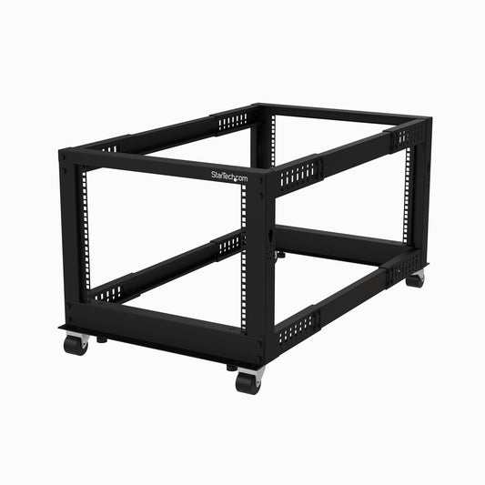 Star Tech 4-Post 8U Mobile Open Frame Server Rack, Four Post 19in Network Rack with Wheels, Small Rolling Rack with Adjustable Depth for Computer/AV/Data/IT Equipment - Casters, Leveling Feet or Floor Mounting