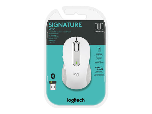 LOGITECH SIGNATURE M650 WIRELESS MOUSE,BOLT USB RECEIVE R,BT,WHITE- 1 YR WTY