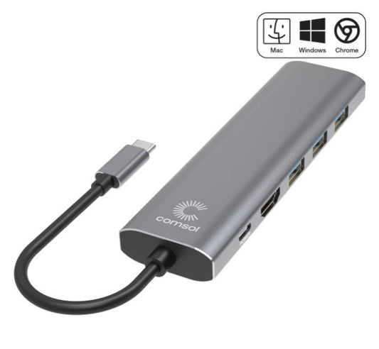 COMSOL USB-C TO 4K HDMI MULTIPORT ADAPTER, UP TO 90W USB-C POWER DELIVERY, 7 PORT