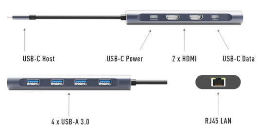 COMSOL USB-C TO DUAL 4K HDMI MULTIPORT ADAPTER FOR WINDOWS, 10 PORT