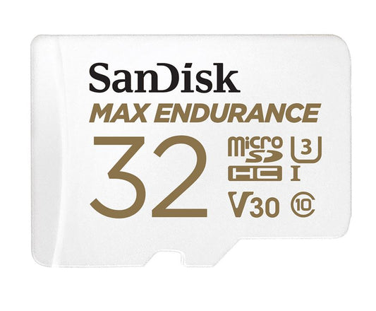 SanDisk Max Endurance 32GB microSD 100MB/s 40MB/s 20K hrs 4K UHD C10 U3 V30 -40°C to 85°C Heat Freeze Shock Temperature Water X-ray Proof SD Adapter