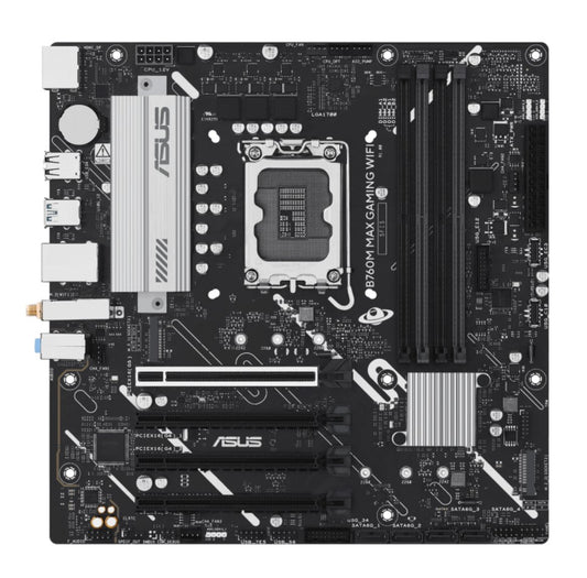 ASUS B760M MAX GAMING WIFI Intel LGA1700 mATX Motherboard, PCIe 5.0, DDR5, 3x M.2 slots, 1GB Ethernet, Wi-Fi 6, 1xDP, 1xHDMI, SATA 6Gbps, USB-C, AuraS