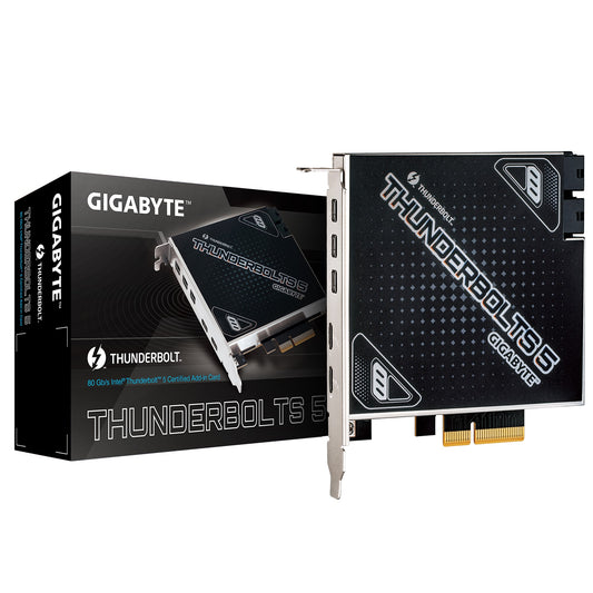 Gigabyte CARD THUNDERBOLTS 5 1.0 add-in card, Intel® JHL9580 Thunderbolt™ 5 controller, Dual Thunderbolt™ 5 Ports, up to 80 Gb/s bi-directional
