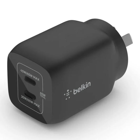 Belkin BoostCharge Pro 65W USB-C PD 3.0 PPS Dual GaN Wall Charger - Black (WCH013auBK), Compact Laptop Charger, Travel-Ready, 2 Years Warranty