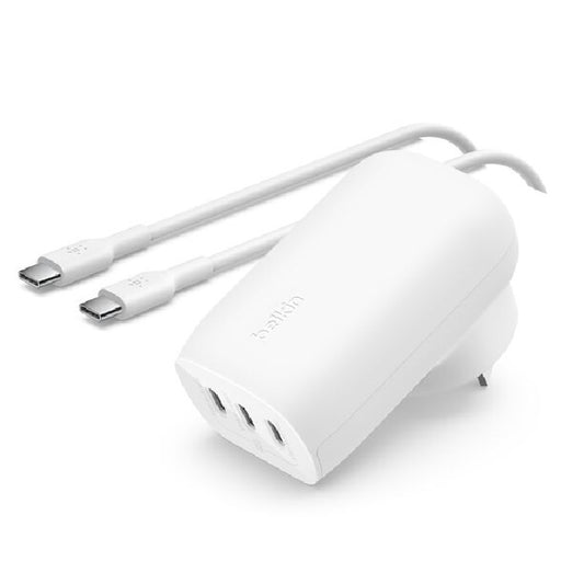 Belkin BoostCharge 67W 3-Port USB-C PPS Wall Charger + USB-C to USB-C Cable ÄöÑ White (WCC002au2MWH-B6), 20W 2-Ports, 25W 1-Port, 2 Year Warranty