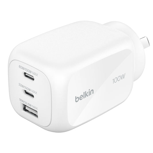 Belkin BoostCharge Pro 100W 3-Port GaN Wall Charger - White (WCH016AUWH)