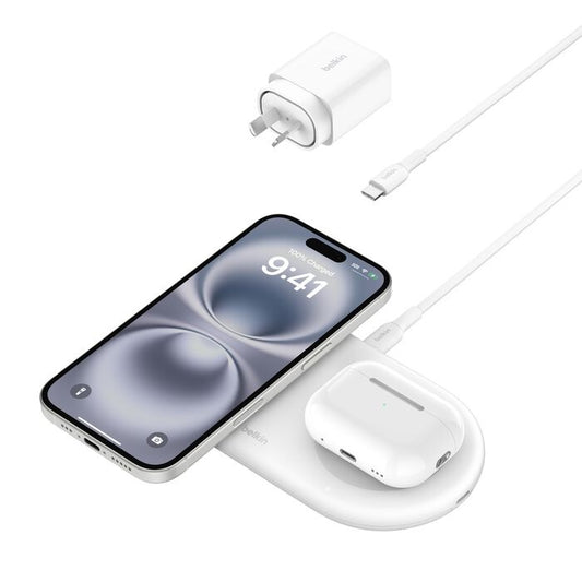 Belkin BoostCharge Pro 2-in-1 Magnetic Wireless Charging Pad 15W With Qi2 - White (WIZ021auWH),30W USB-C PS,1.5m USB-C to USB-C Cable,2 Years Warranty