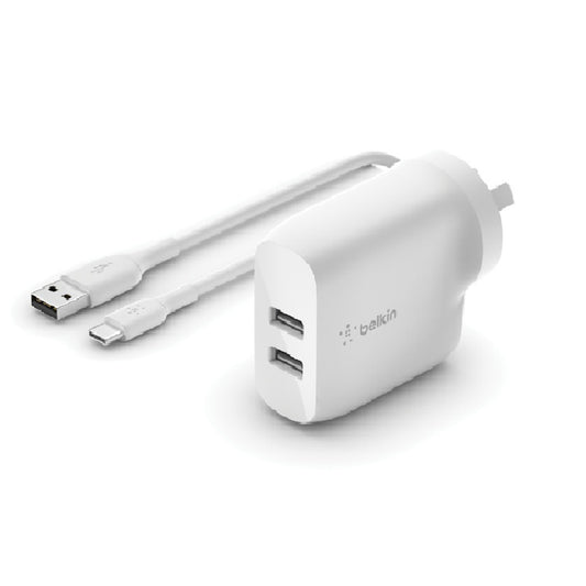Belkin BoostCharge 24W Dual USB-A Wall Charger + USB-A to USB-C Cable (1M) - White (WCE001au1MWH), 2xUSB-A (12W), CEW $2,500, 2 Years Warranty