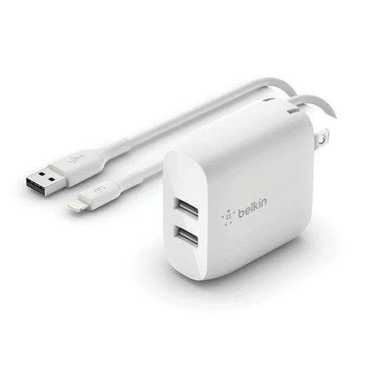 Belkin BoostCharge 24W Dual USB-A Wall Charger + Lightning to USB-A Cable (1M) - White (WCD001au1MWH), 2xUSB-A (12W), CEW $2,500, 2 Years Warranty