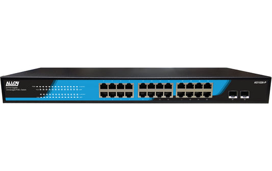 Alloy AS1026-P 24 Port Unmanaged Gigabit 802.3at PoE Switch + 2x 1000Mb SFP Ports, 250 Watts