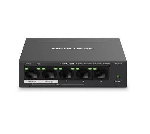 Mercusys MS105GP, 5-Port Gigabit Desktop Switch with 4-Port PoE+, 5 yrs. limited warranty