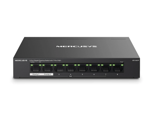 Mercusys MS108GP, 8-Port Gigabit Desktop Switch with 7-Port PoE+, 5 yrs. limited warranty