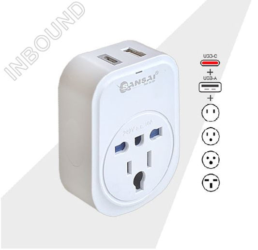 Sansai USB Travel Adaptor USB A + C 2xUSB Charging Outlets 100-240VAC 10A 2400W Compatible with plugs from many countries