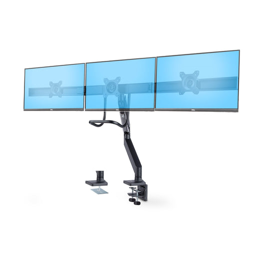 Star Tech Crossbar Triple Monitor Desk Mount For Up To Three 27in Screens, VESA 75x75/100x100, Tool-Less Arm Adjustments, C-Clamp/Grommet, Spring-Assisted Arm