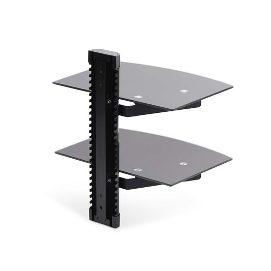 Star Tech Dual Floating Wall-Mounted AV Shelves, Adjustable Height Shelf For Under TV, Organize A/V Equipment On Black Tempered Glass Shelves