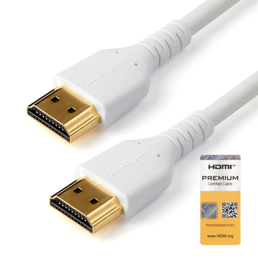 Star Tech 6ft (2m) Slim HDMI 2.0 Cable, Flexible Premium Certified HDMI Cord with Ethernet, UHD 4K 60Hz HDR10, Durable Aramid Fiber Design with TPE Jacket, White
