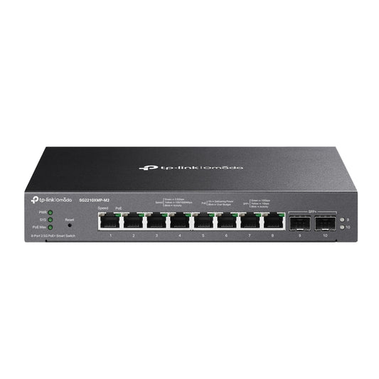 Omada 8-Port 2.5GBASE-T and 2-Port 10GE SFP+ Smart Switch with 8-Port PoE+
PORT: 8× 2.5G PoE+ Ports, 2× 10G SFP+ Slots
SPEC: 802.3at/af, 160 W PoE Power, Deskto