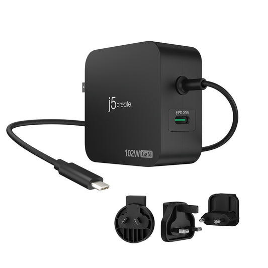 j5create 102W GaN PD USB-C 2-Port Charger with Changeable AC Plugs product image