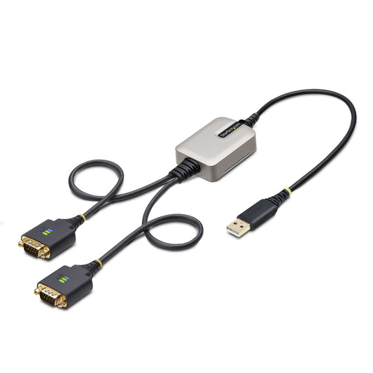Star Tech 2ft (60cm) 2-Port USB to Serial Adapter Cable, Interchangeable DB9 Screws/Nuts, COM Retention, USB-A to DB9 RS232, FTDI, Level-4 ESD Protection, Windows/macOS/ChromeOS/Linux - Rugged TPE Construction