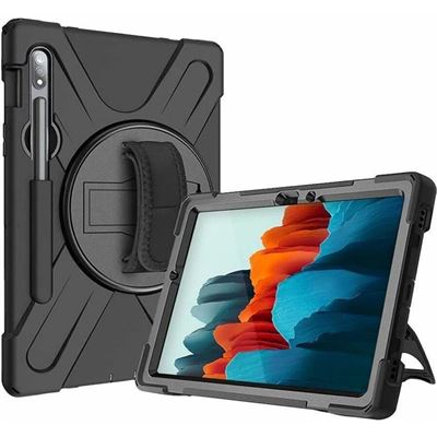 SAMSUNG (STRIKE) TAB S9FE/S9/S8/S7 RUGGED CASE WITH HAND STRAP & LANYARD (BLACK)