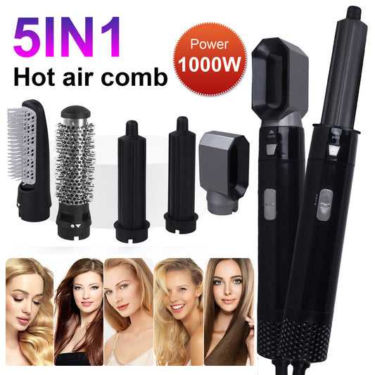 5 IN 1 Hair Dryer Brush Hot Comb Air Volumizer Curler Straightener Curling Style Black