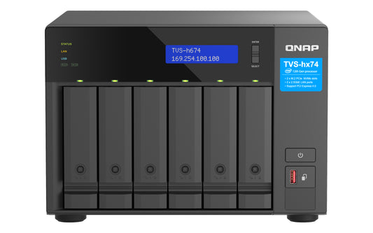 QNAP TVS-h674T-i5-32G, 6-bay QuTS hero NAS, Intel Core i5-12400 6-core/12-thread, up to 4.6GHz, 32GB SO-DIMM  DDR4, 2 x 2.5GbE, 2 x Thunderbolt 4, 3 Year WTY