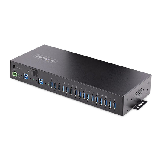 Star Tech 16-Port Industrial USB 3.0 Hub 5Gbps, Metal, DIN/Surface/Rack Mountable, ESD Protection, Terminal Block Power, up to 120W Shared USB Charging, Dual-Host Hub/Switch