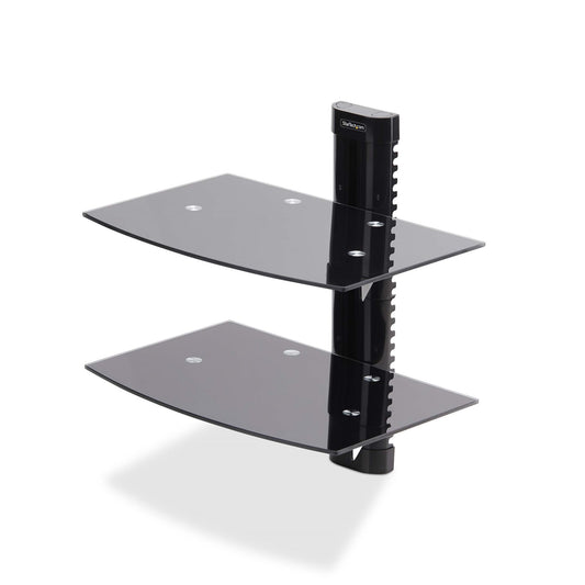 Star Tech Dual Floating Wall-Mounted AV Shelves, Adjustable Height Shelf For Under TV, Organize A/V Equipment On Black Tempered Glass Shelves
