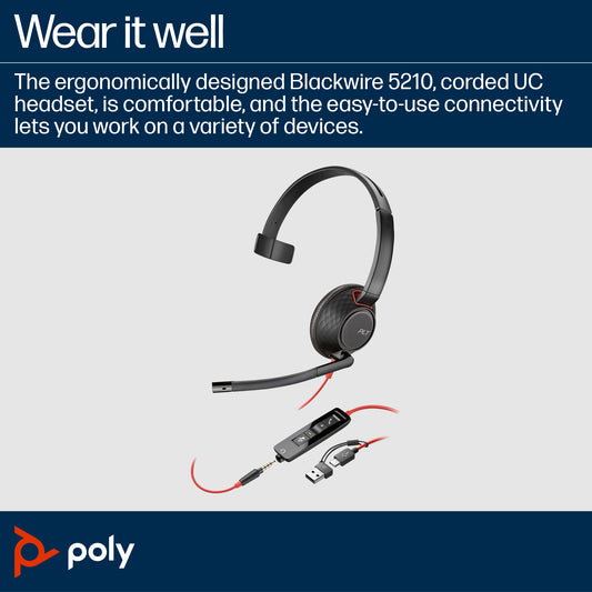HP Poly Blackwire 5210 Monaural USB-C Headset +3.5mm Plug +USB-C/A Adapter product image