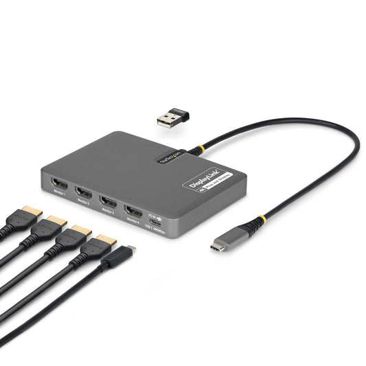 Star Tech USB-C to Quad-Monitor Workstation Adapter, 4K 60Hz HDMI, 140W PD Passthrough for Laptop Charging, USB Port for Wireless Keyboard / Mouse, TAA