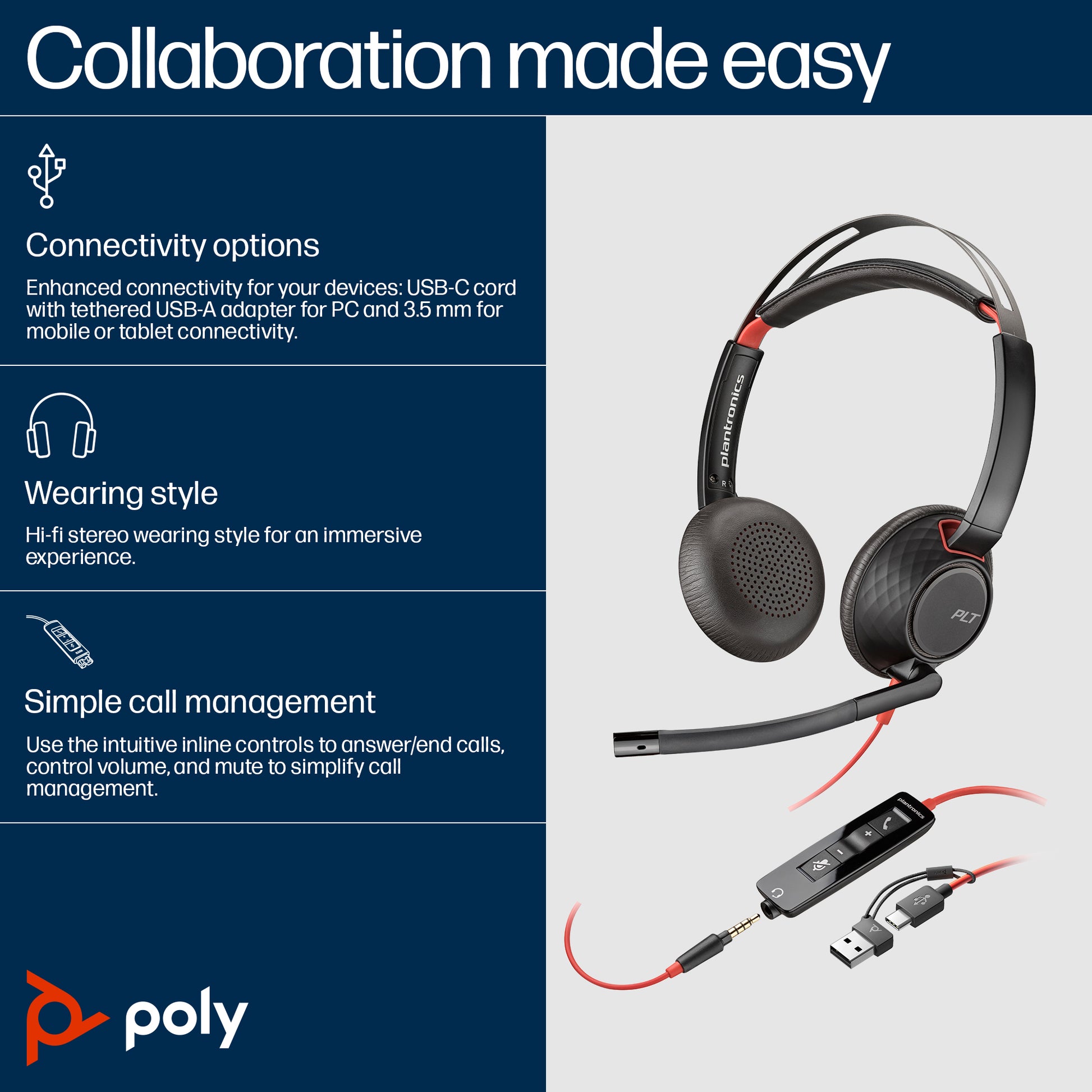 HP Poly Poly Blackwire C5220 USB-C Headset +Inline Cable (Bulk)