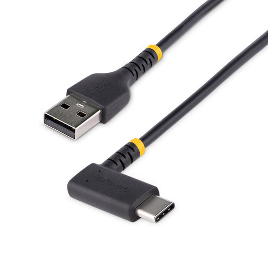 Star Tech 1ft (30cm) USB A to C Charging Cable Right Angle - Heavy Duty Fast Charge USB-C Cable - Black USB 2.0 A to Type-C - Rugged Aramid Fiber - 3A - USB Charging Cord