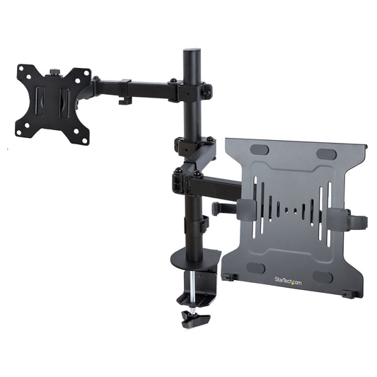 Star Tech Monitor Arm with VESA Laptop Tray, For a Laptop (4.5kg/9.9lb) and a Single Display up to 32" (8kg/17.6lb), Black, Vented Tray, Adjustable Laptop Arm Mount, C-clamp/Grommet Mount