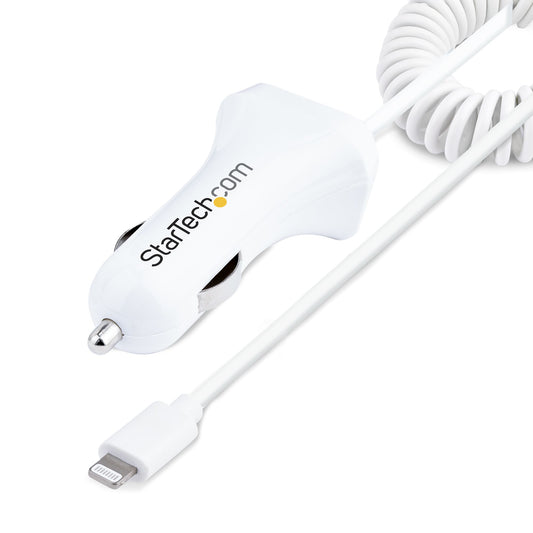 StarTech Lightning Car Charger with Coiled Cable, 1m Coiled Lightning Cable, 12W, White, 2 Port USB Car Charger Adapter for Phones and Tablets, Dual USB In Car iPhone Charger
